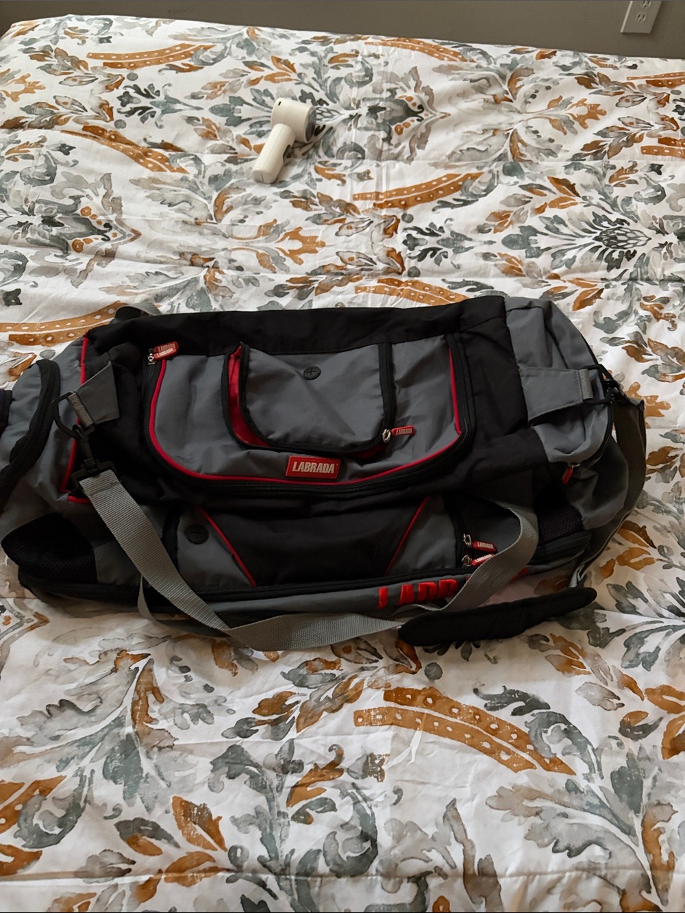 Men's Gray and Black Duffel Bag with Red Trim